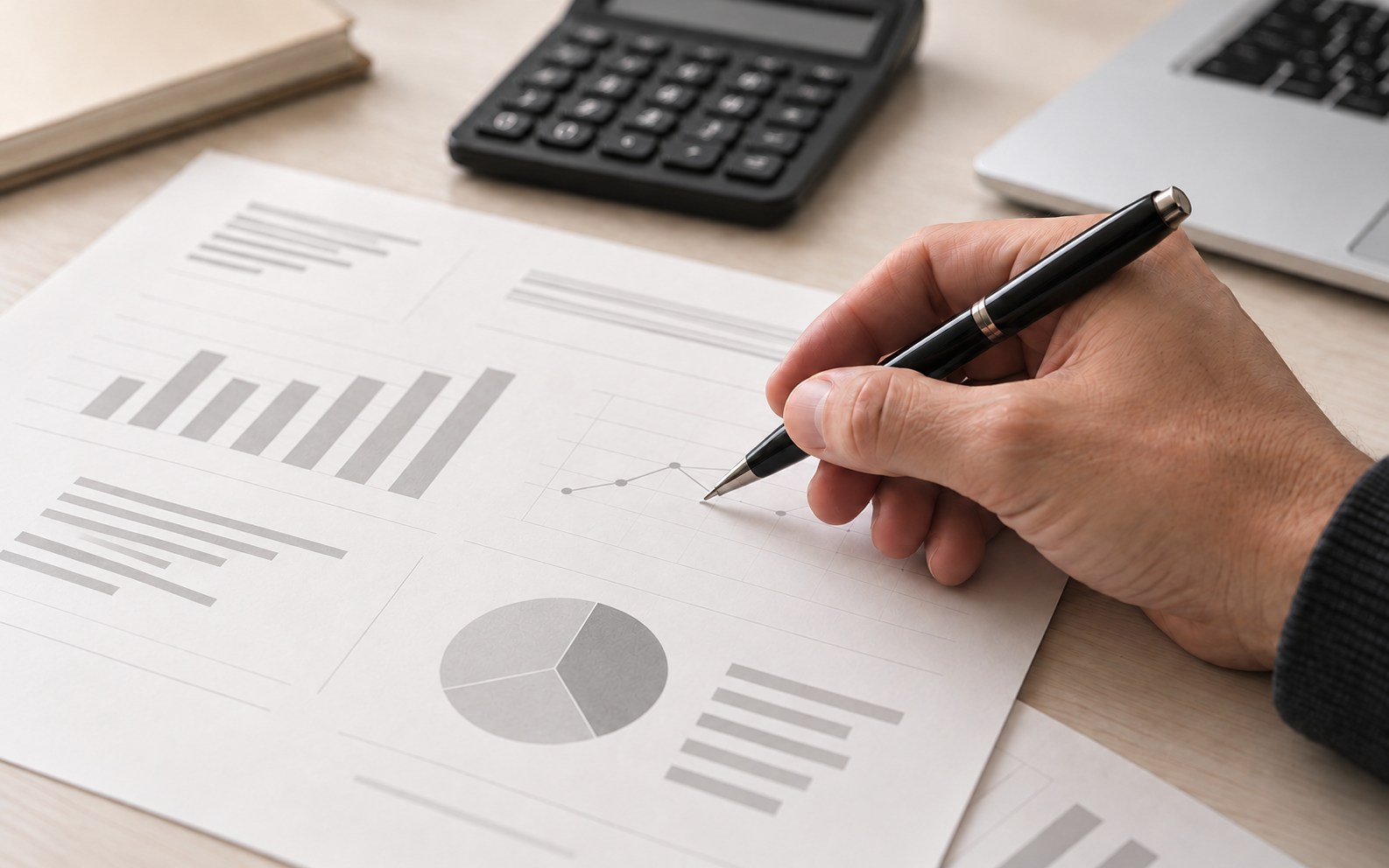 Imagem ilustrativa de documentos financeiros, calculadora e uma pessoa fazendo anotações.